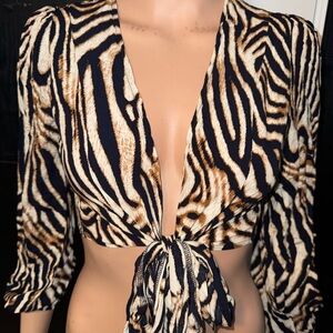 SHEIN Black and Cream Zebra Print Crop Blouse